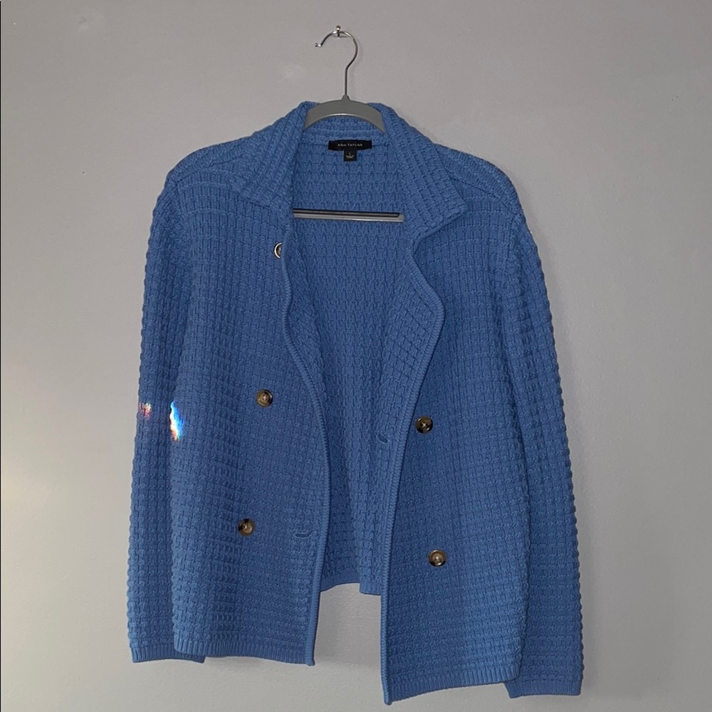 Ann Taylor Textured Knit Blue Sweater Cardigan